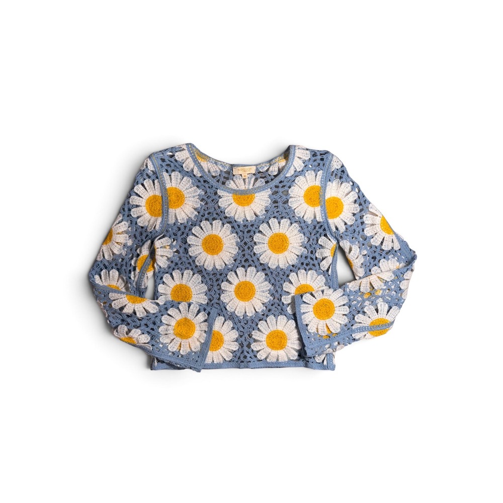 Rebellion Again Crochet Sweater Women M Blue Daisy Floral Open Knit Boho Top